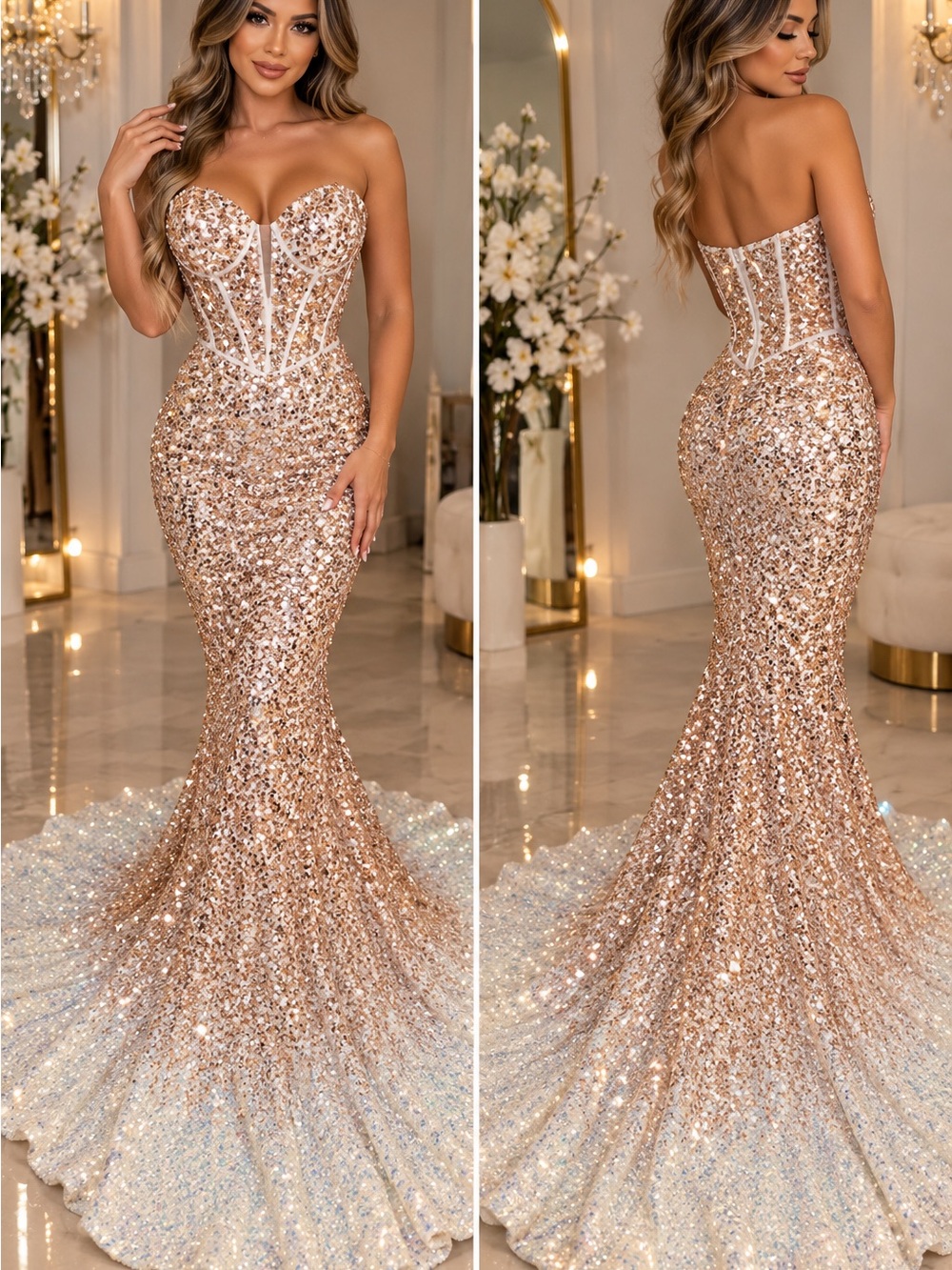 Portia and Scarlett Strapless Sequin Mermaid Gown in Gold and Ivory Ombre